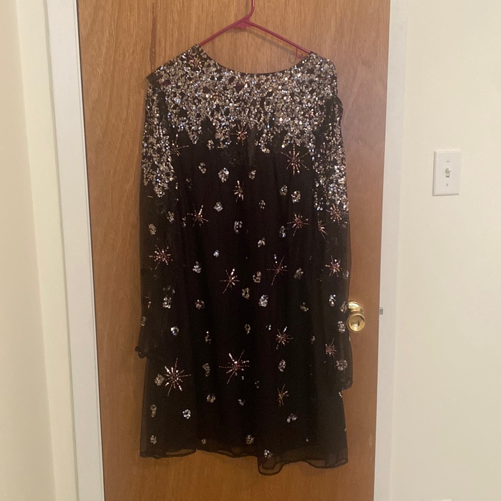 Sparkly long sleeve shift dress. Great for a festive party or event.